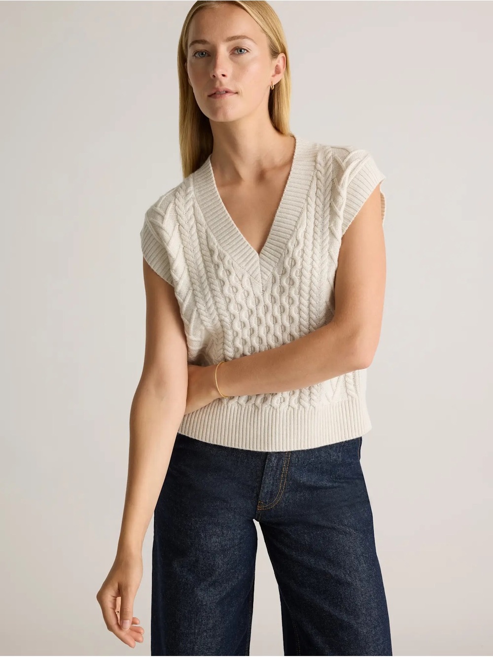 Quince Australian 100% Merino Wool Cable Sweater Vest Heather Bone S